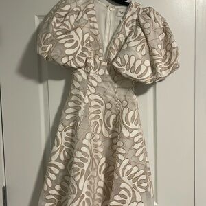 Aje embroidered v-neck dress, puff sleeve with zipper at back